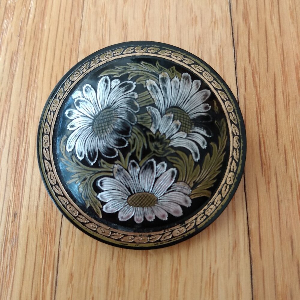 Vintage French Etched Plastic Brooch Gold Silver Floral Trombone Clasp France